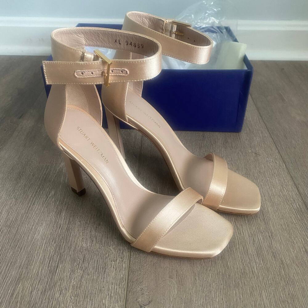 Stuart Weitzman Blush Silk Satin Square‎ Nudist Heels Strappy Sandal Size 6 NIB